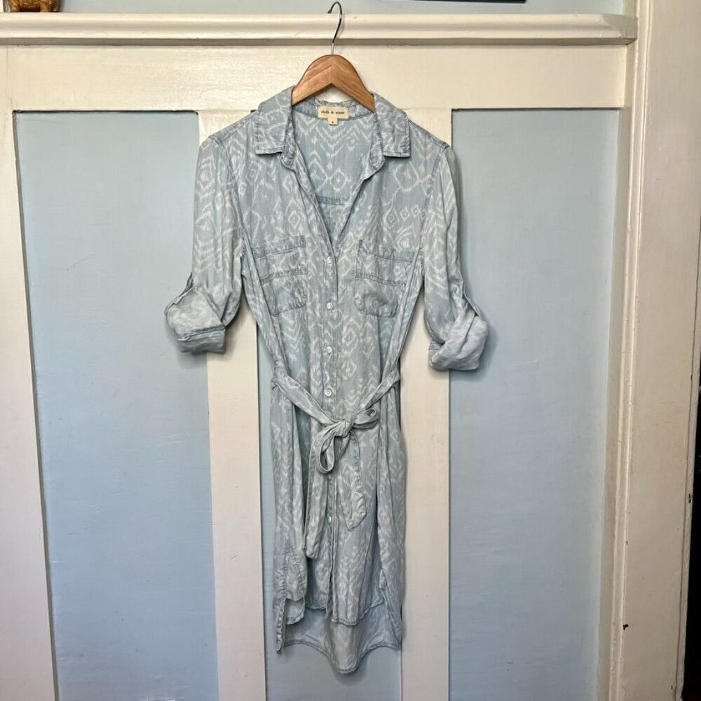 Anthropologie Cloth & Stone Blue & White Ikat Chambray Collared Button Front Dre - Picture 6 of 12
